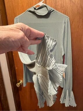 Ribbed Mock Neck Long-Sleeve Top with Pleated Ruffle Cuffs - Sage Green